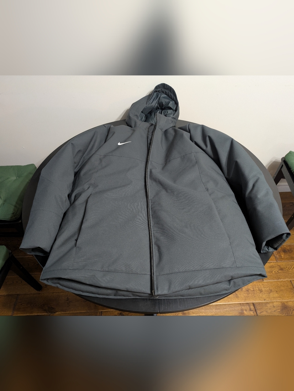Nike Men's Dark Gray Hooded Puffer Jacket with White Swoosh